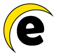Logo de la société Eclipse Service, spécialiste de l'imprimante grand format, imprimante professionnelle et traceur ; il représente un e noir surplombé d'un croissant de lune jaune.